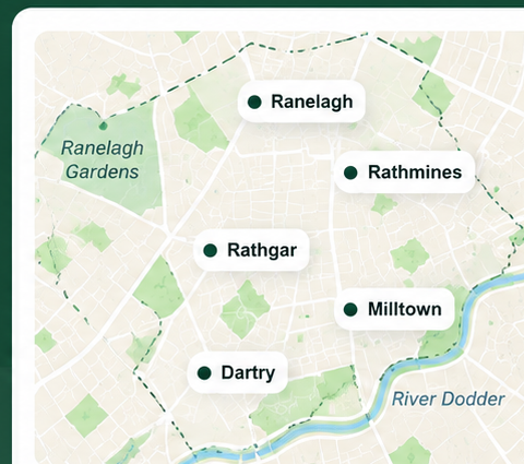 Map of Dublin 6 showing Ranelagh, Rathmines, Rathgar, Milltown and Dartry