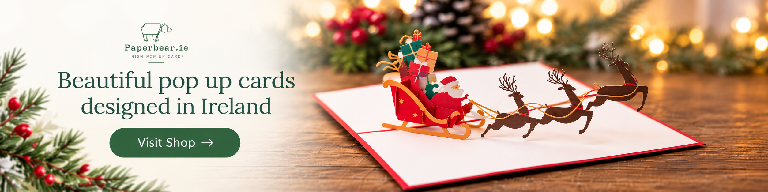 Paper Bear Irish pop up cards featuring a Santa sleigh Christmas pop up card